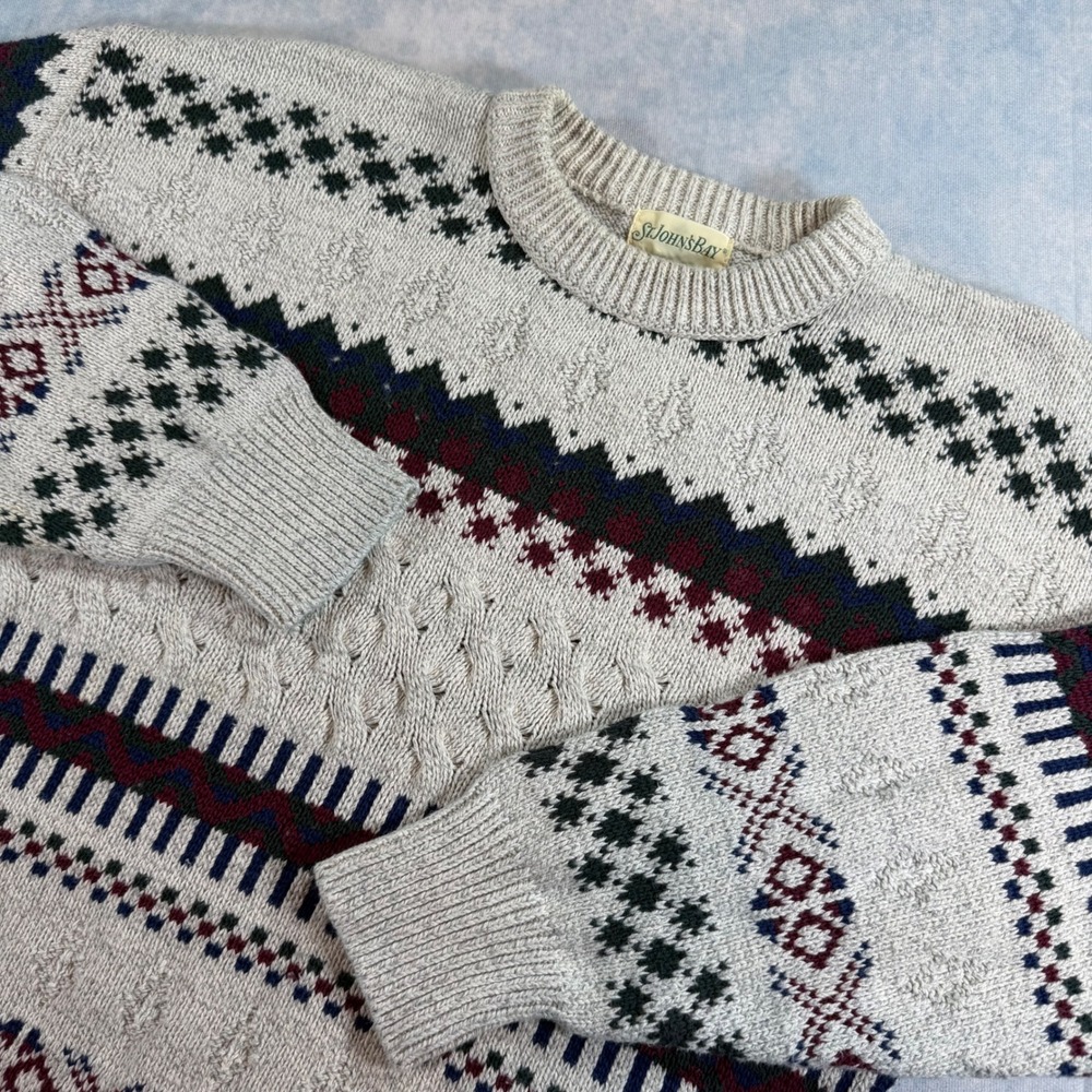 St. John's Bay Sweater Mens L Gray Excellent Fair Isle Cable Knit Cotton USA
